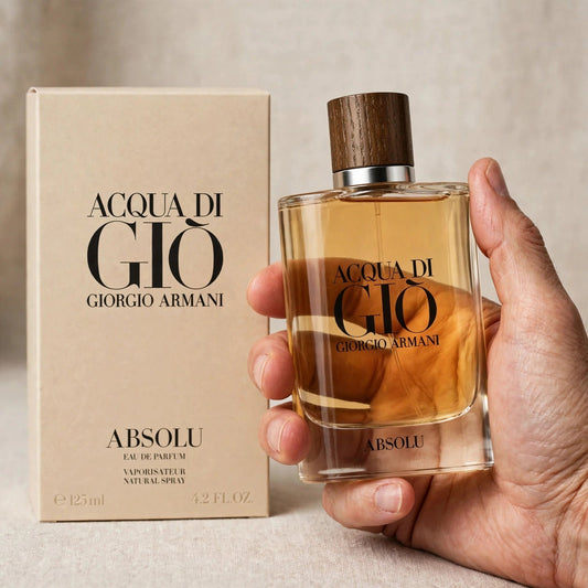 Giorgio Armani Acqua di Gio Absolu Eau de Parfum 125ml bottle held in hand