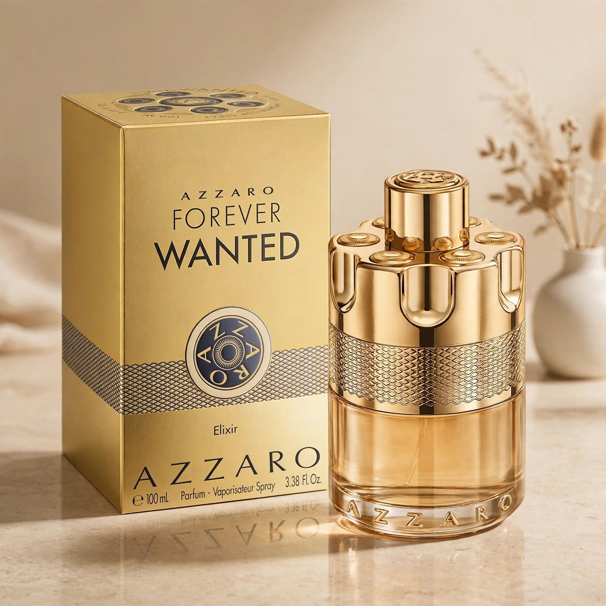 Azzaro Forever Wanted Elixir Eau de Parfum 100ml / 3.4oz for Men bottle and box in warm beige studio
