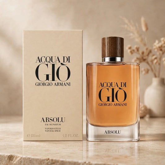 Acqua di Gio Absolu Eau de Parfum bottle and box in warm beige studio