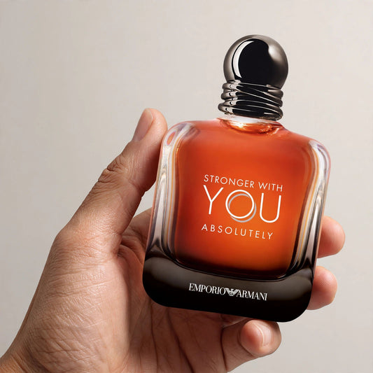 Emporio Armani Stronger With You Absolutely Eau de Parfum 100ml/3.4oz for Men – held in hand