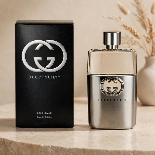 Gucci Guilty Pour Homme EDT in warm beige luxury studio