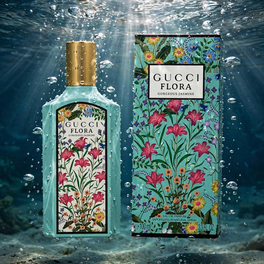 Gucci Flora Gorgeous Jasmine EDP bottle in clear water splash