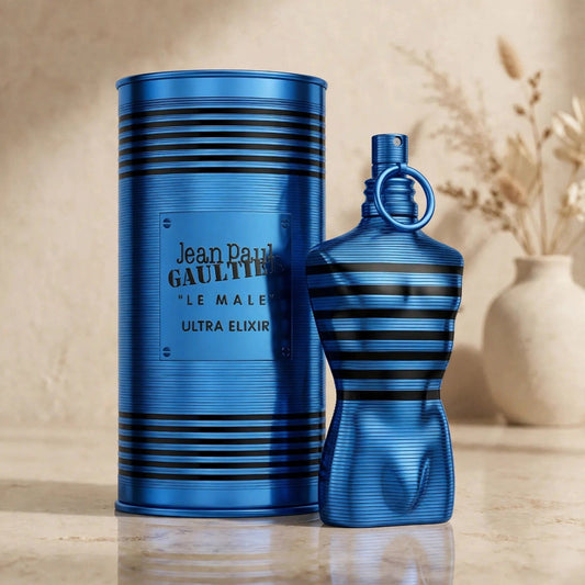 Jean Paul Gaultier Le Male Le Ultra Elixir Parfum in warm beige luxury studio