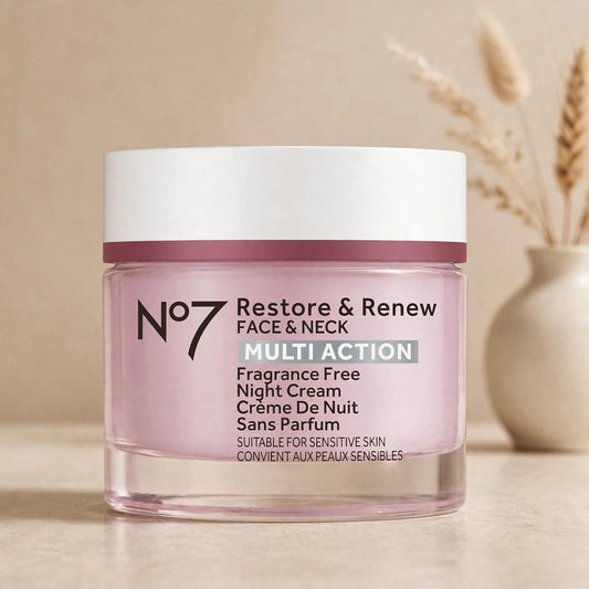 No7 Restore and Renew night cream in a warm beige studio
