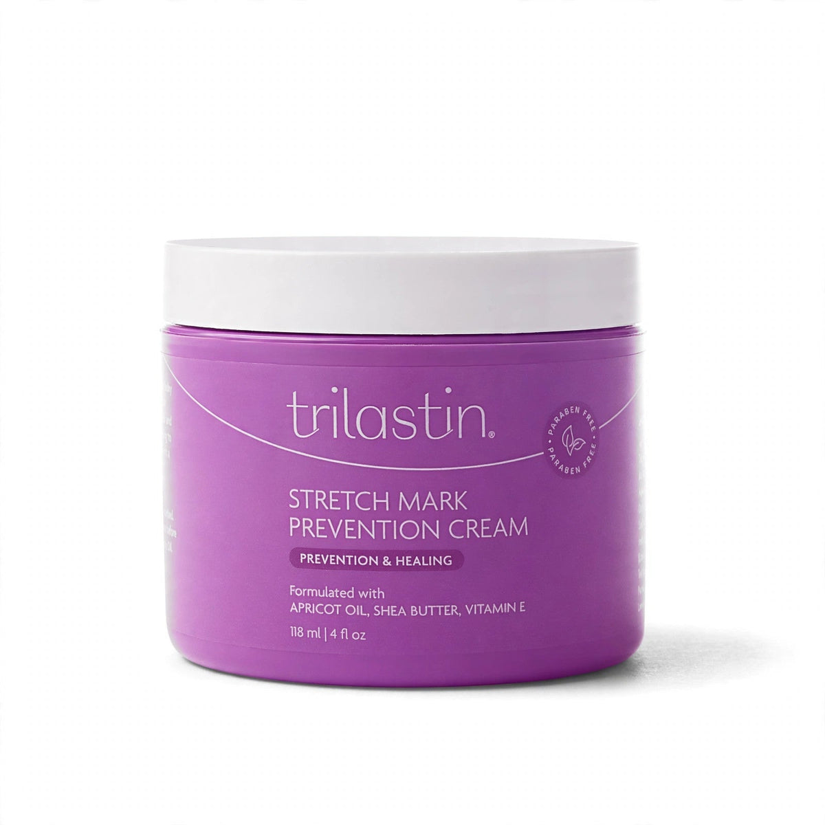 TriLASTIN maternity stretch mark prevention cream jar on white background