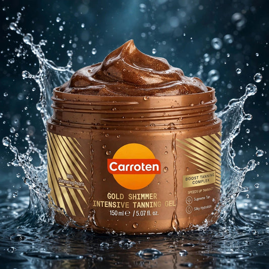 Carroten Gold Shimmer tanning gel jar with water