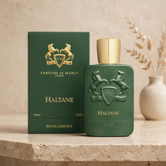 Parfums de Marly Haltane 125ml bottle in warm beige luxury studio setting