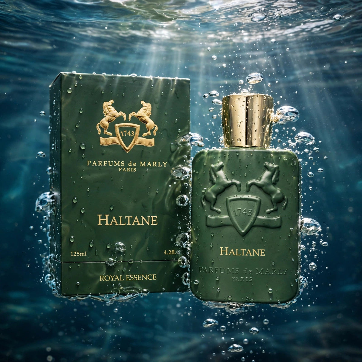 Parfums de Marly Haltane 125ml bottle submerged in clear water