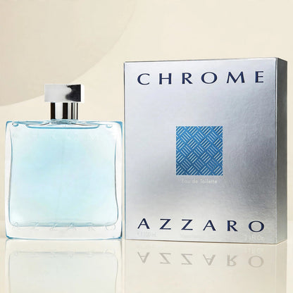 Azzaro Chrome Eau de Toilette 100ml / 3.3oz for Men bottle and box in cream studio
