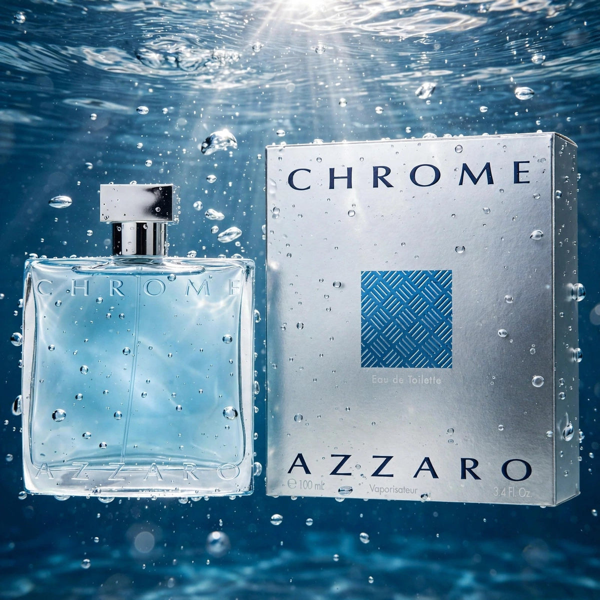 Azzaro Chrome Eau de Toilette 100ml / 3.3oz for Men bottle submerged in water