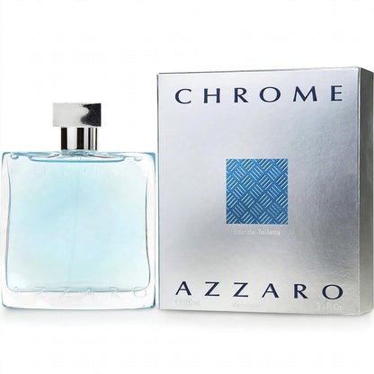 Azzaro Chrome Eau de Toilette 100ml / 3.3oz for Men bottle and box on white background