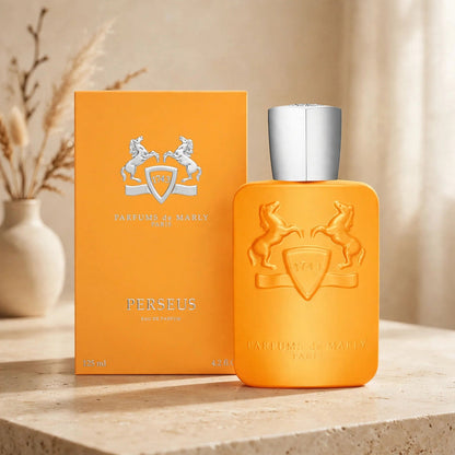 Parfums de Marly Perseus Eau de Parfum 125ml bottle and box in warm beige studio