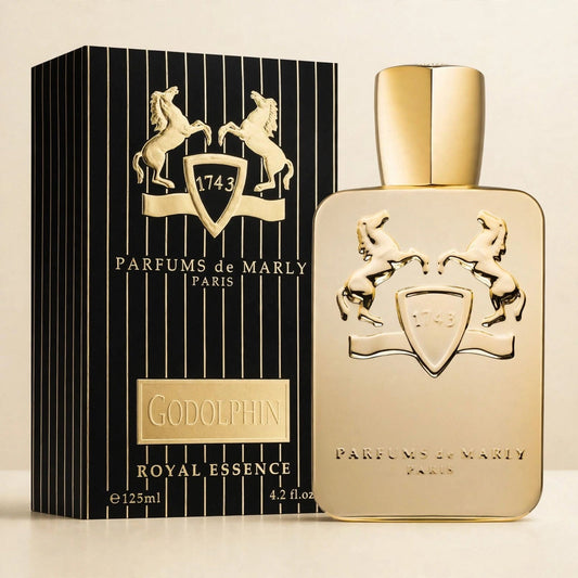 Parfums de Marly Godolphin perfume in a minimal cream studio