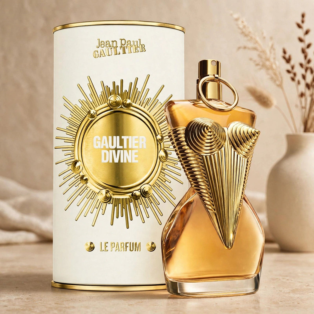Jean Paul Gaultier Gaultier Divine Le Parfum in warm beige luxury studio