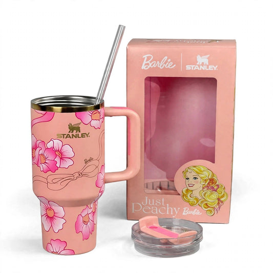 Barbie x Just Peachy 40oz Peaches N Cream tumbler on white background