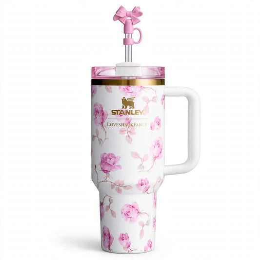 LoveShackFancy Quencher H2.0 40oz Ribbon Rosa tumbler on white background