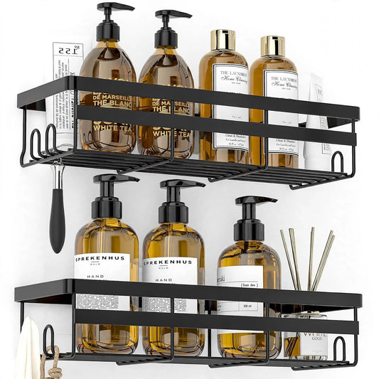 2-pack large adhesive shower organizer black on white background