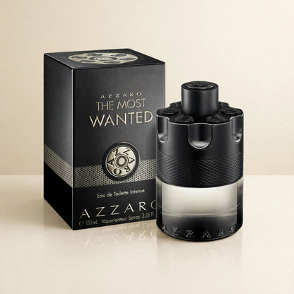 Azzaro The Most Wanted Eau de Parfum Intense 100ml bottle and box in cream studio
