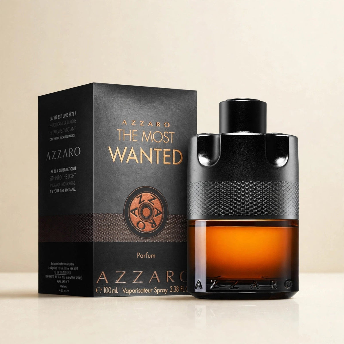 Azzaro The Most Wanted Parfum 100ml bottle and box in cream studio