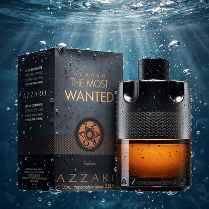 Azzaro The Most Wanted Parfum 100ml bottle submerged in water