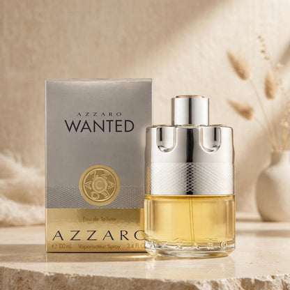 Azzaro Wanted Eau de Toilette 100ml bottle and box in warm beige studio